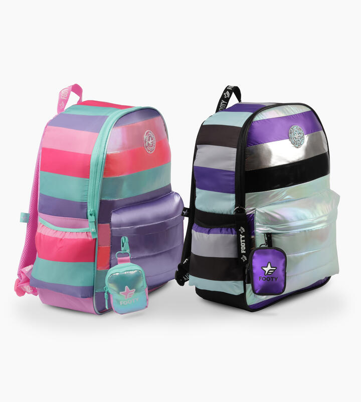 MOCHILA ESPALDA MEDIANA RAYADA METALIZADA